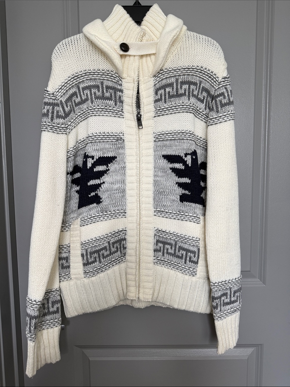 American Stitch Cream Knit Zip-Up Sweater with Gray and Black Accents
